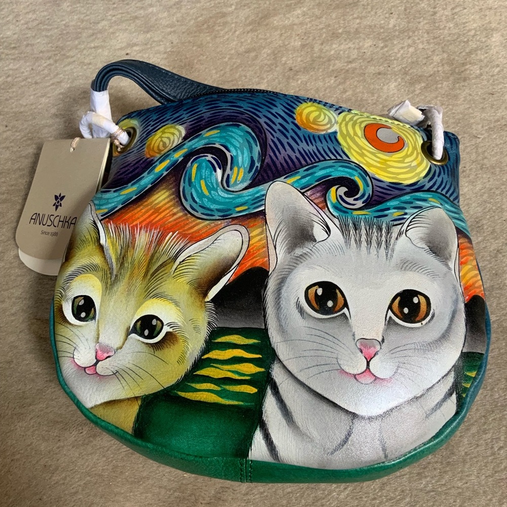 NWT Anuschka Starry Kittens Slim Crossbody Bag**HAND PAINTED WEARABLE AR…